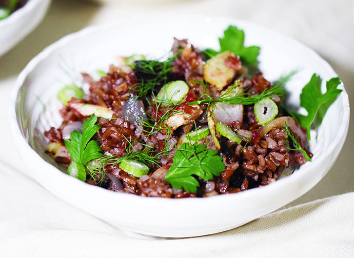 Red Rice Bowl with Fennel and Root Vegetables
